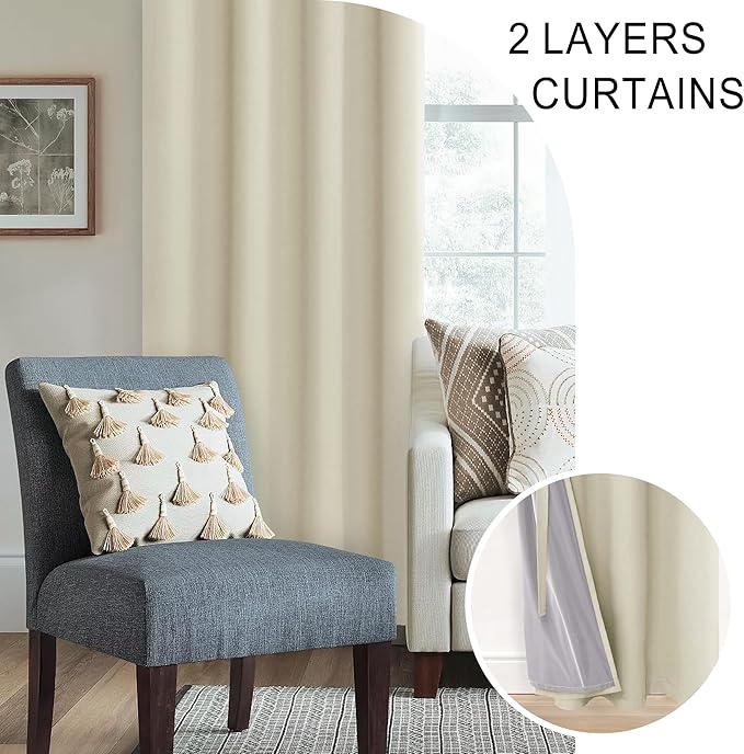 XWZO 100% Blackout Curtain Panels - Thermal Insulated Black Liner Curtains, Noise Reducing and Heat Blocking Drapes for Hall and Studio Windows with Tiebacks, Beige, W38 x L84, Set of 2