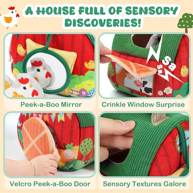 Baby Toys 6-12 Months, Montessori Toys for 1 2 Years Old Babies, Surprise Barn Stuffed Farm Animals Rattle Crinkle Mirror Sensory Balls for Toddlers 1-3, Baby Boy Girl Valentines Gift, Easter Stuffers