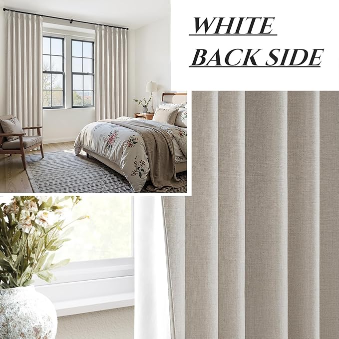 Natural Linen Pinch Pleated Blackout Curtains & Drapes 98 Inch Long Bedroom/Livingroom Farmhouse Curtain 2 Panel Sets, Neutral Track Room Darkening Thermal Insulated Back Tab Window (W40" x L98" x 2)