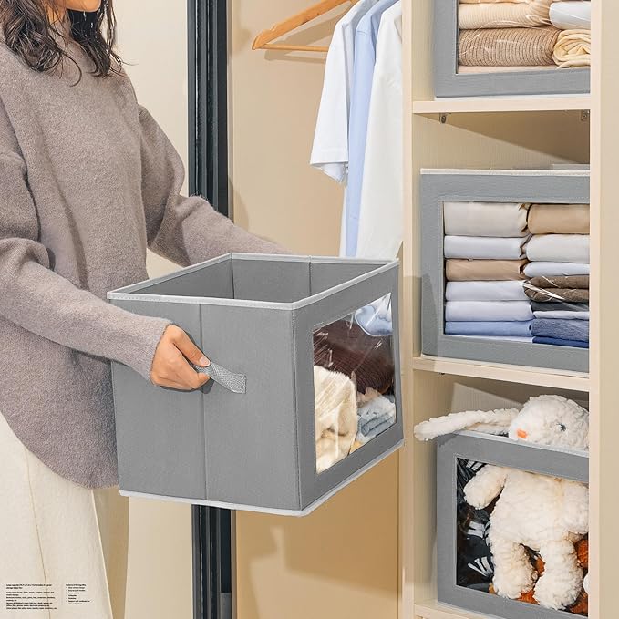 Storage Bins with Lids, 4 Pack Large Storage Cubes with Window, Closet Bins with Lids & Handles, Fabric Box for Organizing Clothes, Towels, Books, Grey