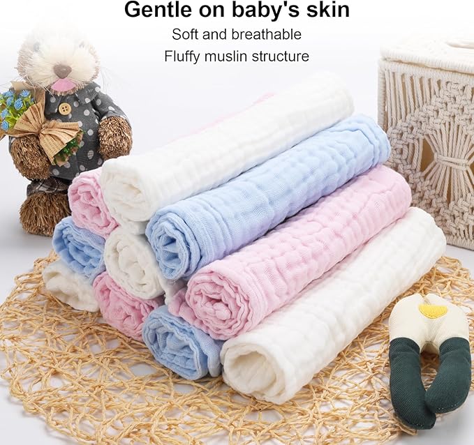 Arnzion 10 Pack Muslin Burp Cloths - 17"x9" 6-Layer 100% Cotton - Ultra Soft & Super Absorbent for Baby Spit Up & Drool - Gentle Burping Cloths for Newborn Boys & Girls, Essential Baby Items