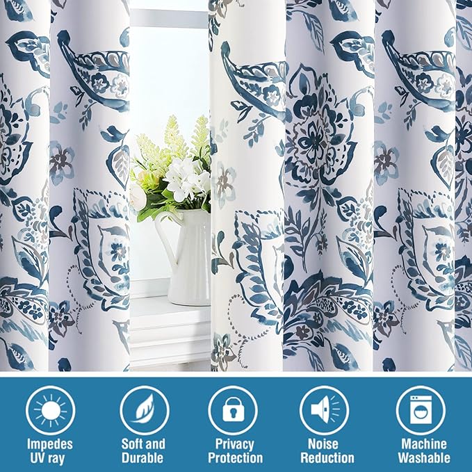 H.VERSAILTEX 100% Blackout Curtains for Bedroom Paisley Floral Printed Curtains 63 Inches Long Grommet Curtains & Drapes Thermal Curtains Window Treatments with Black Liner 2 Panels, Stone Blue