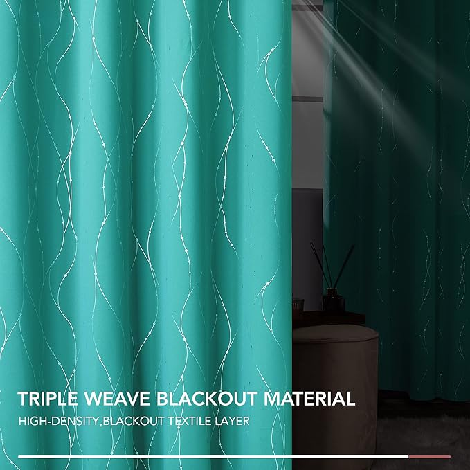Deconovo Blackout Curtains, Thermal Insulated Soundproof Grommet Drapes, Wave Dots Silver Print, 52 x 45 Inch, Set of 2, Machine Washable Panels for Kitchen Bedroom Living Room Nursery, Turquoise