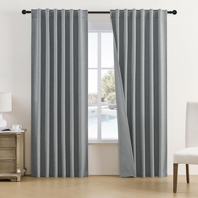 DUALIFE 90 Inches Long Blackout Linen Curtains Grey,Full Shade Light Blocking Sun Heat Saving Energy Efficient Drapes for Bedroom,Back Tab/Hook Belt/Rod Pocket,2 Pcs,50 Inch Wide x 90 Inch Length