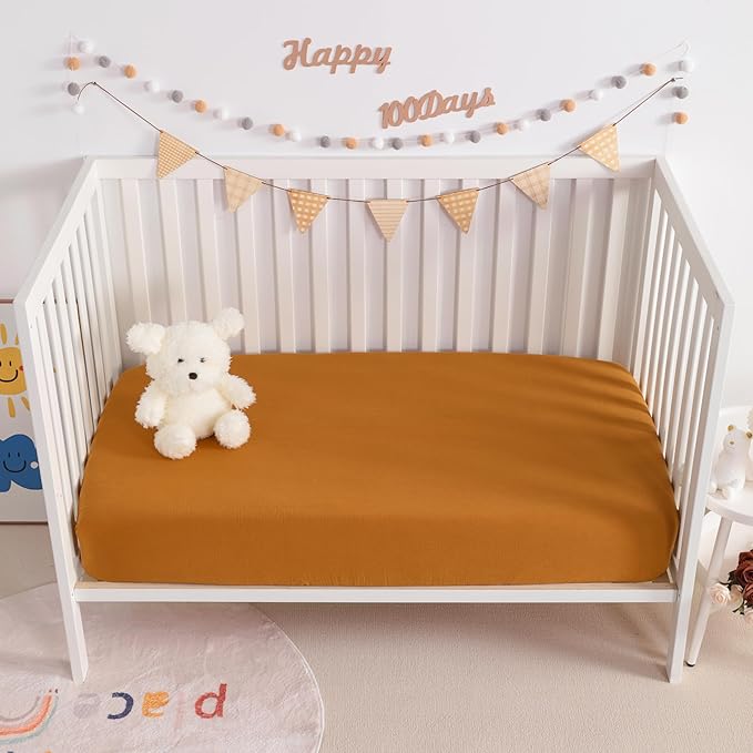 NTBAY 2 Pack Muslin Cotton Crib Sheets, Soft and Breathable Double Layer 28x52 Baby Crib Sheets for Standard Crib and Toddler Mattresses, Boys, Girls, Unisex, Golden Brown, 28x52 Inches