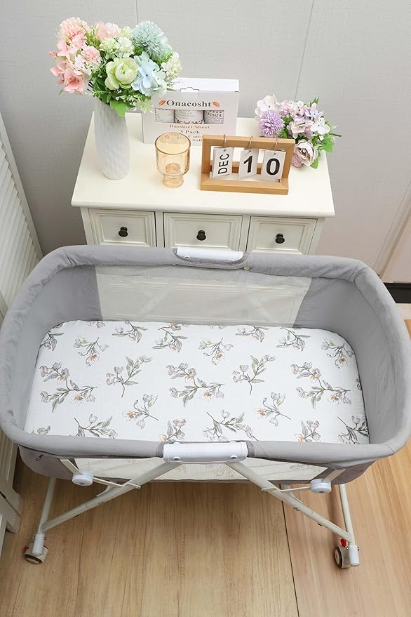 Onacosht Muslin Bassinet Sheets 3 Pack, 100% Cotton Baby Sheet 35" X 20" Compatiable with AMKE 3 in 1 Bassinets, MiClassic, Uiuwoo, Foalom, YADAQE, Milliard and TCBunny Bassinet, Green and Botanical