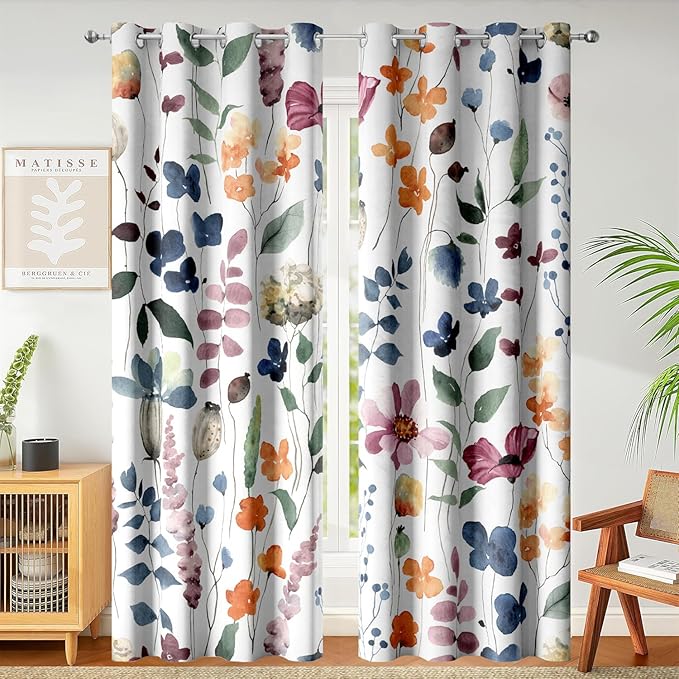 Boho Vintage Floral Blackout Curtains, Retro Watercolour Colorful Plant Leaf Flower Design Window Drapes, Living Room Bedroom Decor 2 Panels 52x96 Inch