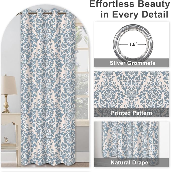 Bedroom Curtains 84 Inches Long, Blackout Curtains for Living Room Darkening, Vintage Damask Pattern Blue Curtain 2 Panels Set, Grommet Thermal Privacy Black Out Window Drapes for Bedroom Nursery