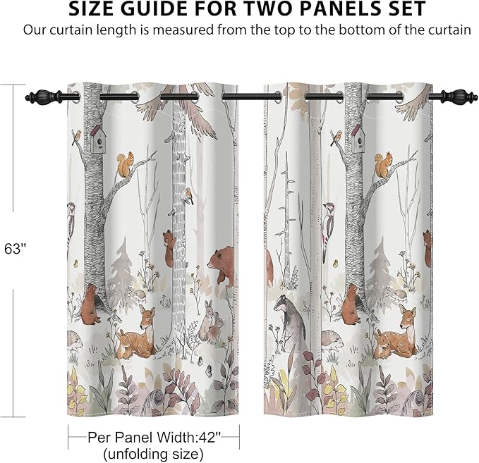 Kids Blackout Curtains for Nursery, Boy's Woodland Animal Print Curtains for Bedroom, Cartoon Room Darkening Window Drapes 2 Panels Set, White, 42W x 63L