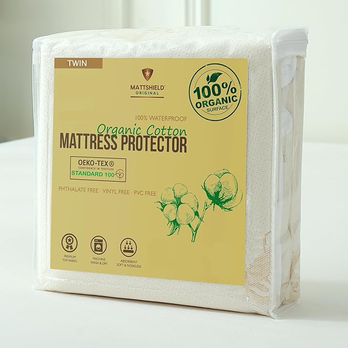 Waterproof Organic Mattress Protector Twin Size – Soft Organic Cotton Top – Noiseless & Breathable 250 GSM Pad Cover – Deep Pocket Fitted Design