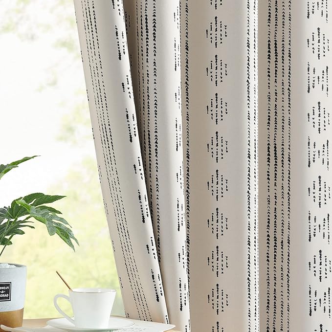 jinchan 95% Blackout Boho Curtains 90 Inches Long for Bedroom Living Room Blue on Beige Geometric Printed Grommet Top Room Darkening Thermal Insulated Window Drapes 2 Panels