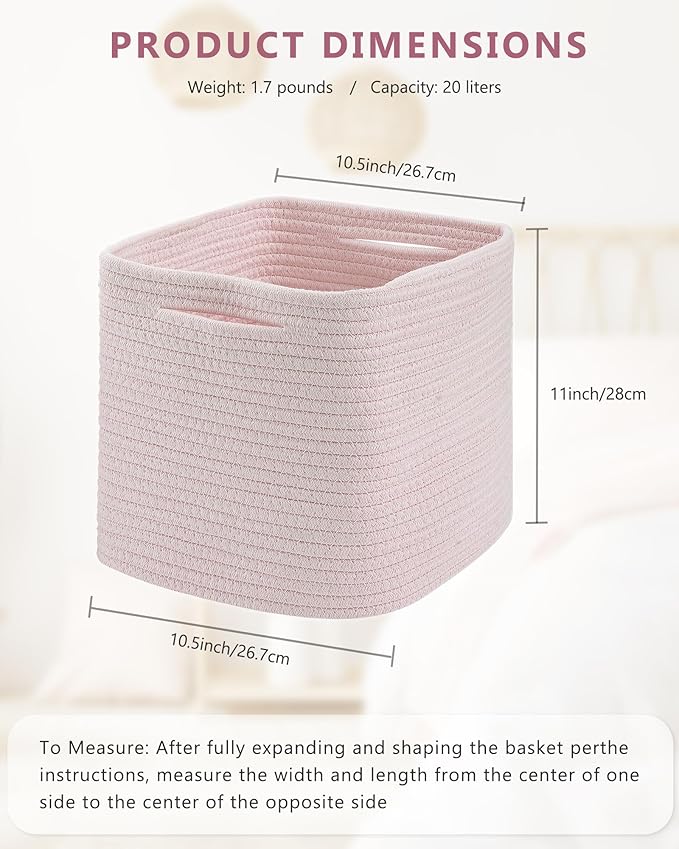 Cube Storage Bin 11" x 10.5" x 10.5" Cotton Rope Basket Square Woven Storage Basket for Shelves, Closet Organizer, Soft Towel Sock Basket, Pink, 3 Pack