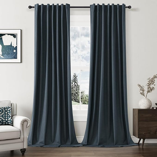 Guken 100% Blackout Linen Curtains 100 Inch Length 2 Panels Set for Living Room Bedroom Back Tab Thermal Insulated Black Out Linen Drapes Room Darkening Window Curtains,Vintage Blue