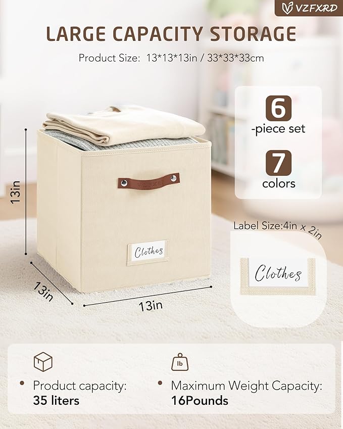 13 Inch Cube Storage Bin 6 Pack Collapsible Fabric Basket with Handles and Labels, Cube Storage Organizer for Closet, Bedroom, Living Room, Beige