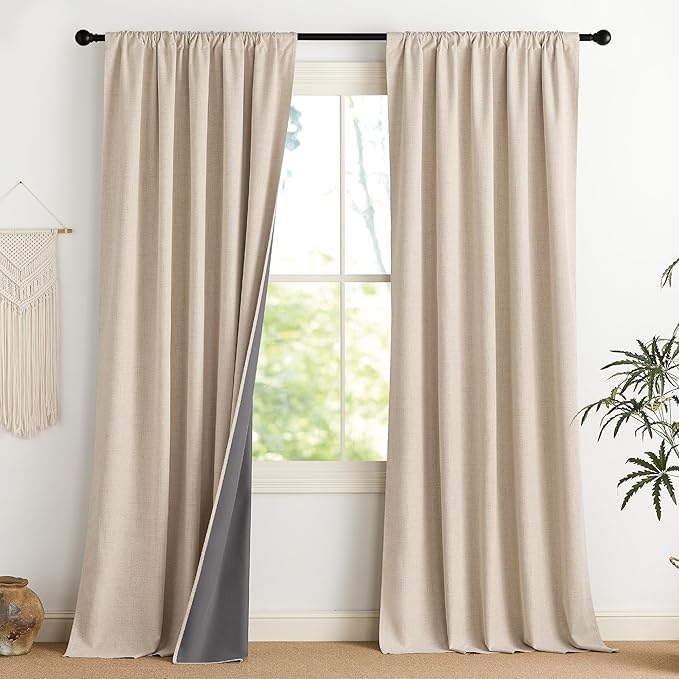 NICETOWN Cream Linen 100% Blackout Curtains, 2 Panels Set, 52 x 96 Inches, Rod Pocket Style, Thermal Insulated Room Darkening Drapes for Bedroom, Living Room, Nursery, Modern Farmhouse Decor