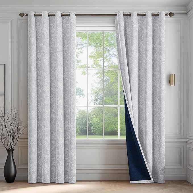 FMFUNCTEX Grey Floral Jacquard Blackout Curtains 108 Inches Long for Bedroom, Scroll Flower Chenille Farmhouse Curtains for Living Room Darkening Thermal Insulated Grommet Window Drapes 2 Panels
