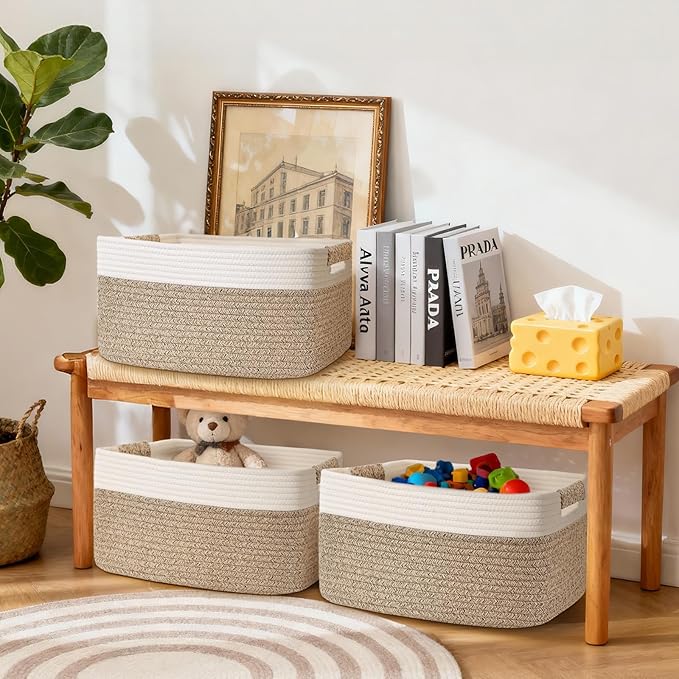2 Pack Large Storage Basket for Organizing, 17.5"x13.5"x7.5" Woven Basket for Shelves, Closet Storage Bins with Wrapped Handle, Cotton Rope Baskets for Kitchen, Clothes, Toys(Off White & Brown)