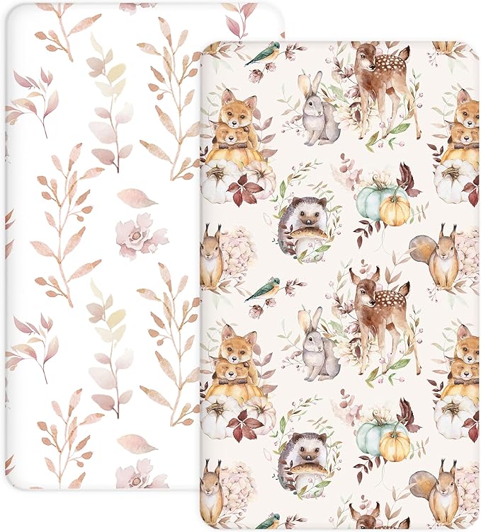 Pack and Play Sheets 2 Pack, Fitted Jersey Knit Mini Crib Sheets for Baby Boys and Girls, Compatible with Graco Pack N Play and Mini Crib Mattress (Forest Friends, Pack N Play/Mini Crib Sheets)