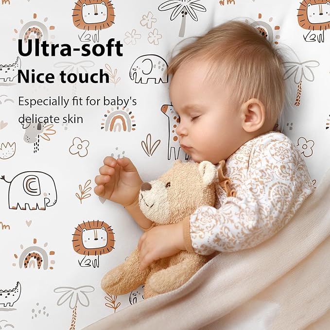 Baby Mini Crib Sheets Boy, Portable 38”x26” Pack and Play Sheets Fitted for Playard and Pack N Play Mattress, 3-Pack Soft Microfiber Orange Animal World