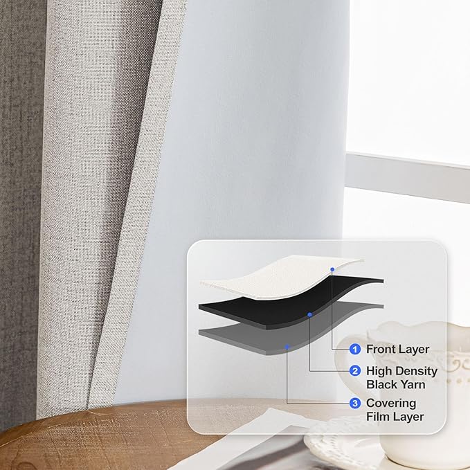 Linen 100% Blackout Curtains for Bedroom, Black Out Curtains 84 Inch Long, Room Darkening Curtains for Living Room, Long Curtain Grommets Drapes, Thermal Curtains(2 Panels, Oatmeal)