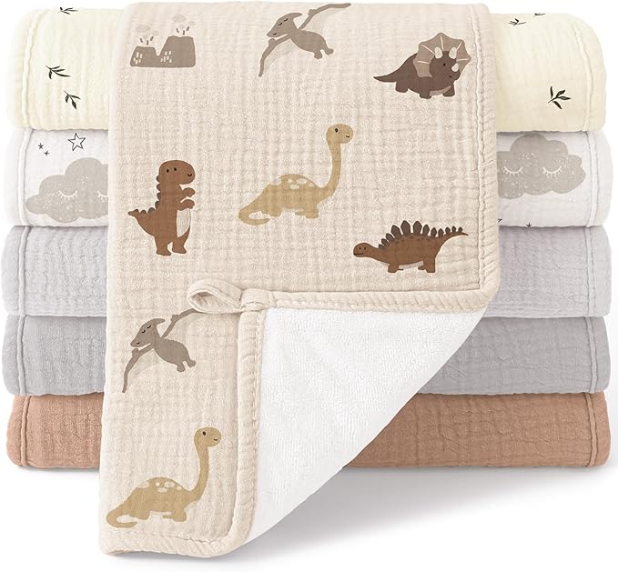 Bearmoss Muslin Burp Cloths, 100% Cotton Baby Burping Clothes, Large Extra Soft Absorbent for Unisex Newborn Boy and Girl, 20x10in, 6 Pack, Grey Print