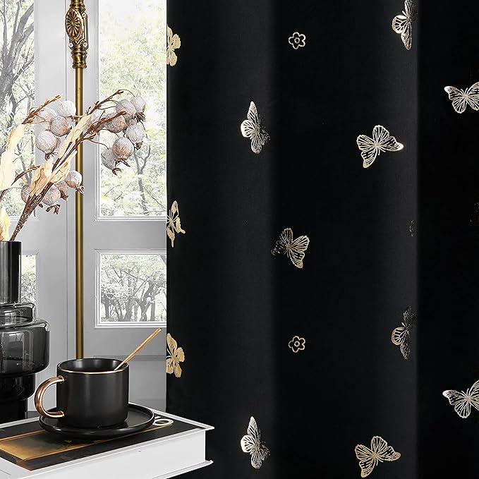 Jubilantex Butterfly Blackout Curtains 2 Panels 84 Inch Long for Girls Bedroom, Black and Gold Foil Print Floral Drapery 100% Room Darkening Grommet Top Window Drapes for Living Room, 52x84Inch