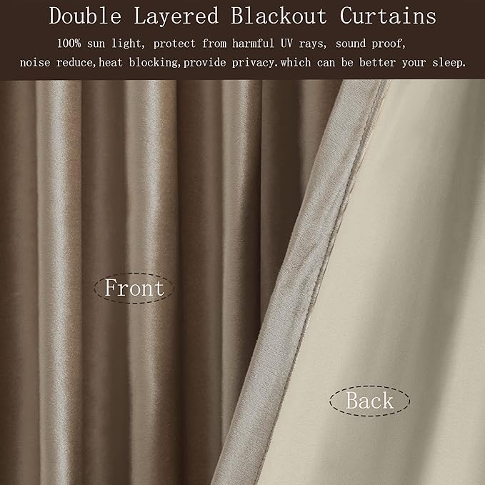 PRIMROSE Blackout Taupe Velvet Curtains, 63 inch Long for Living Room, Set of 2 Panels with Liner Rod Pocket Back Tab, Thermal Room Darkening Heavy Decorative Curtains