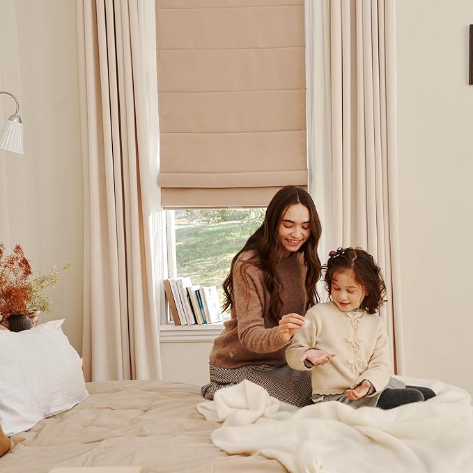 Blackout Roman Shades Cordless for Windows, Pull Down Window Shades Blinds with Heavy 430GSM Chenille & White Backing & Thermal Insulated & Hidden Cords, 35x48 Inches (Warm Beige)