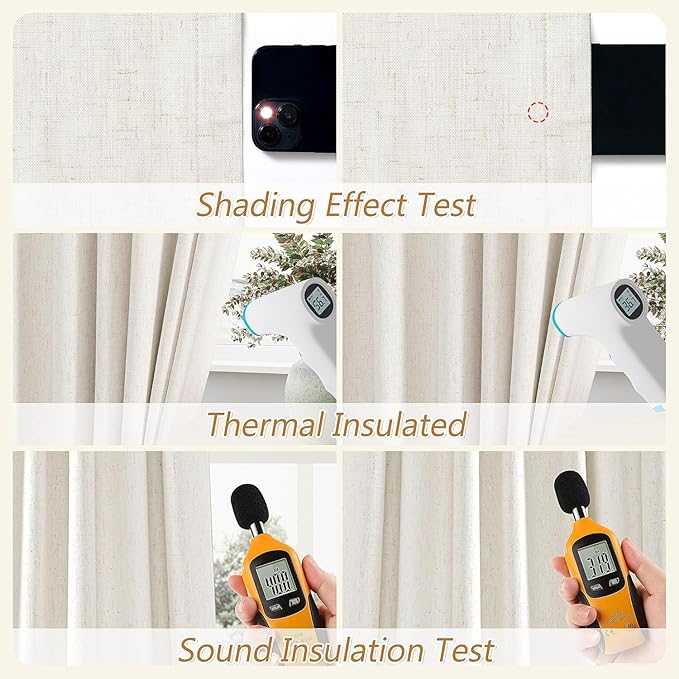 Guken 100% Blackout Cream Linen Curtains 52 Inch Wide by 66 Inch 2 Panels Set for Living Room Bedroom Back Tab Thermal Insulated Black Out Linen Drapes Room Darkening Window Curtains