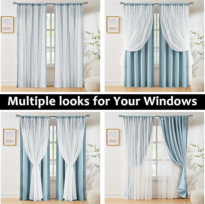 Pom Pom Blackout Curtains with Sheer Overlay for Living Room Bedroom, Kid's Room, Blue Mix and Match Double Layer Window Curtains Rod Pocket Thermal Insulated Curtains with Tiebacks, 2pcs, 52x84, Blue