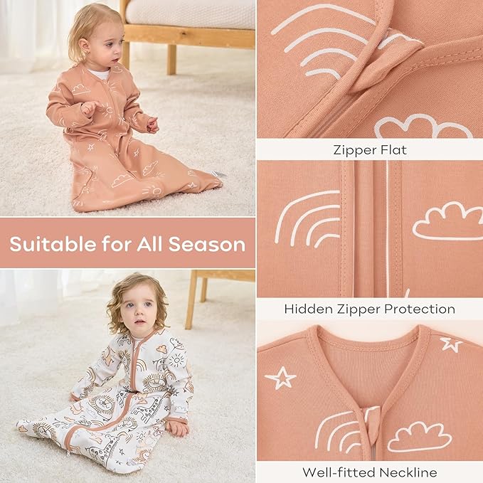 Yoofoss Baby Sleep Sack 18-24 Months Long Sleeve Wearable Blanket Baby 100% Cotton 2-Way Zipper 0.5 Tog Toddler Sleeping Sack, Lightweight(X-Large)