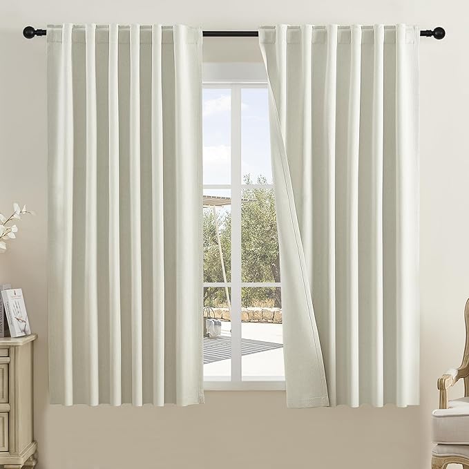 DUALIFE Faux Linen Curtains 63 Inch Length for Bedroom -Rod Pocket and Back Tab Thermal Insulated Window Panels Room Darkening Blackout Drapes for Living Room 50 x 63 Inch,Natural Color,2 Panels Set