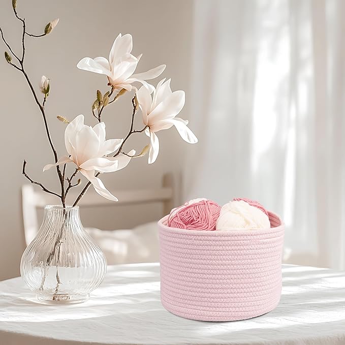 Woven Cotton Rope Storage Baskets - 3-Pack Round Bins (10x10x7'') for Shelves, Closets & Bookcases | Durable Rope Organizers for Nursery, Baby, Toys, Easter & More (pink)