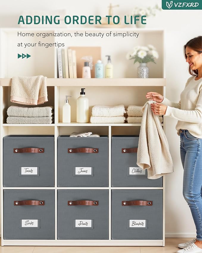 10.5 Inch Storage Cubes with Labels, 6-Pack Non-Woven Fabric Bins with Handles, Foldable Organizer for Closet, Shelf, Bedroom, Home Organization (Gray)