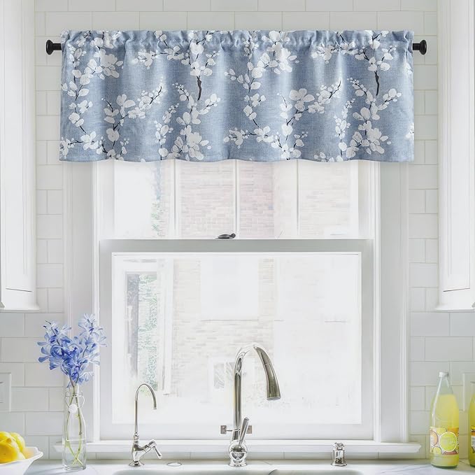 FMFUNCTEX Blue Floral Valance Curtain for Kitchen Windows/Bathroom/Living Room/Bedroom, Blossom Blackout Window Valance Thermal Insulated Rod Pocket Valance Curtains, 50" W x 18" L, 1 Panel