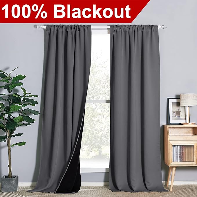 NICETOWN Total Shade Curtains and Draperies for Large Window, Heavy-Duty Full Light Shading Drapes with Black Liner Backing for Villa/Hall/Dorm (Gray, Package of 2, 52-inch Wide x 108-inch Long)