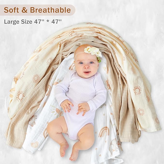 3-Pack 100% Cotton Muslin Swaddle Blankets, Large 47 x 47 Inches — Breathable Soft Receiving Blankets for Newborns, Swaddling Wraps, Registry Gift (Sunny Elephant Theme)