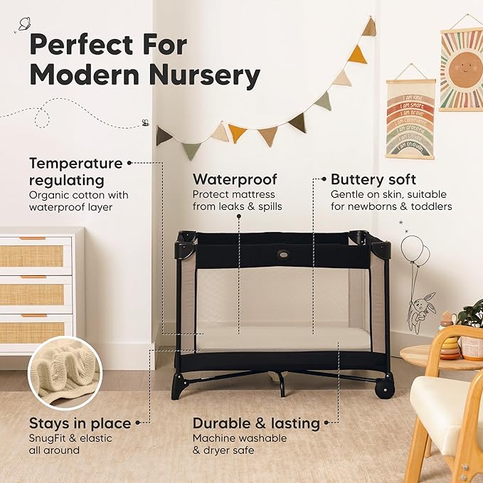 2 Pack and Play Sheets, Waterproof Mini Crib Sheets Fitted - 38x26 Organic Cotton Pack N Play Sheets for Graco Pack and Play Mattress, Playard Baby Crib Sheets,Neutral for Boy,Girl,Toddler(Macadamia)