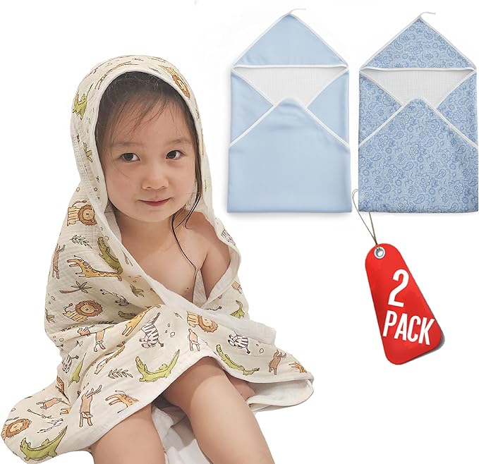 2-Pack Muslin Hooded Baby Towels, 100% Cotton, Towels for Babies, Infants, Toddles, Soft and Absorbent for Boy and Girl, Double Layered Baby Towel With Hood, Babies Muslin Towel Set (Blue Flowers)
