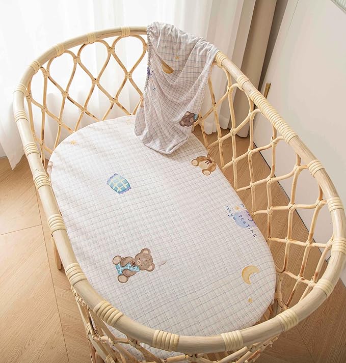 SDY Jersey Bassinet Sheets for Baby Girls,32 "x 16 "x 4", Pink Kawaii Bear Standard Oval/Retangle Bassinet Mattress Sheets for Toddler,Super Soft Breathable