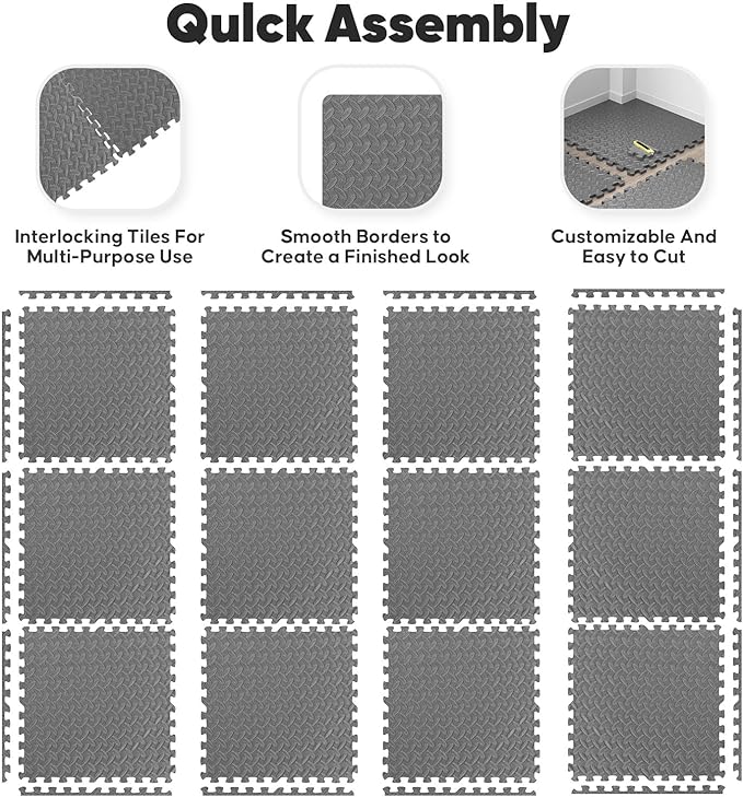 Home Gym Mat, Puzzle Exercise Mat, EVA Interlocking Foam Floor Tiles for Home Workout Equipment and Kids' Play Areas - Grey, 24 in x 24 in x ½ in - 12 Tiles (Grey, 12 Pack, 48 SQ FT)