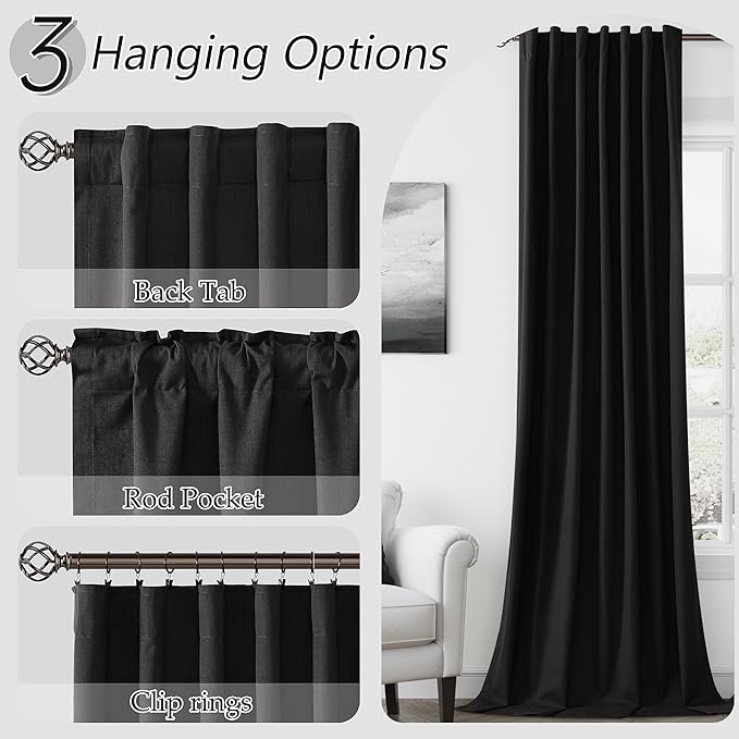 Guken Black 100% Blackout Curtains 72 Inch Length 2 Panels Set for Living Room Bedroom Back Tab Thermal Insulated 100% Black Out Linen Drapes Room Darkening Window Curtains 72 Inches Long