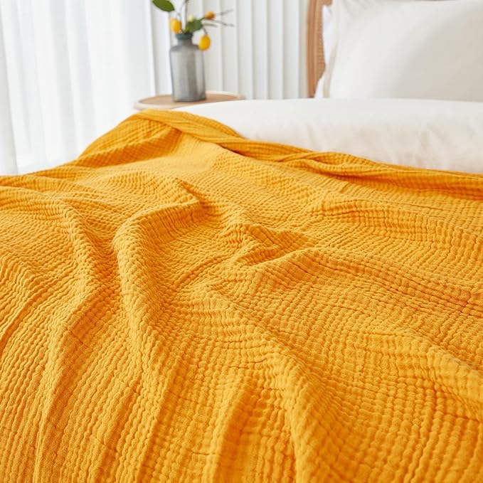 EMME Cotton Muslin Twin XL Blanket Breathable Gauze Blanket Soft Lightweight Blankets Adults Gifts for Women (Mustard Yellow, 66"x90")