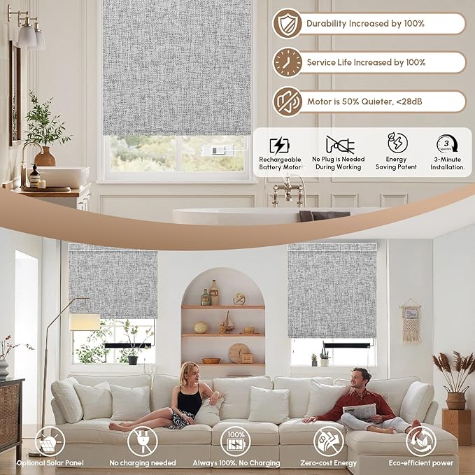 Kincmo No Drill Motorized Blinds with Remote, 100% Blackout Roller Shades for Windows, Custom Electric Blinds Compatible with Alexa, Apple Homekit, Google Home (100% Blackout Mist Twilight)