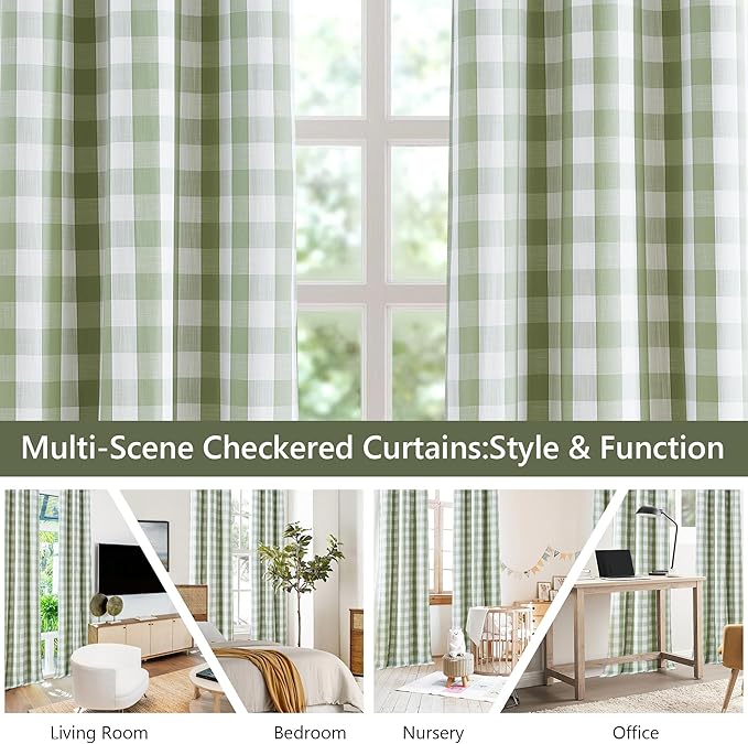 Amzdecor Short Buffalo Check Plaid Full Blackout Curtains 63 Inches Long for Bedroom Energy Efficient Thermal Insulated Grommet Drapes, Farmhouse Window Treatment, 2 Panels, 40"x63",Sage Green & White
