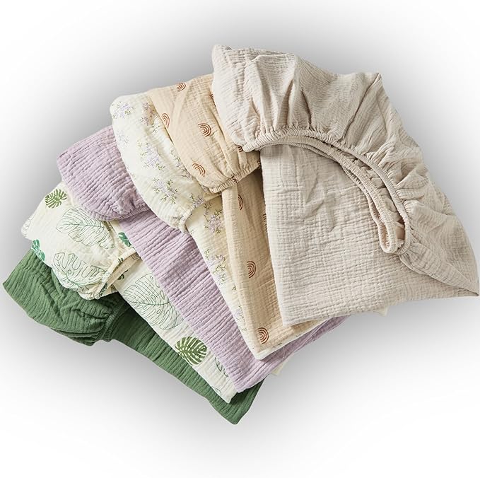 Zdolmy Muslin Crib Sheets for Girl Boy, 2 Pack 100% Cotton Crib Sheet for Standard Crib Mattress(28"x 52"), Fitted and Soft Breathable Crib Mattress Sheet, 360° Wrapping (Cream & Rainbow)