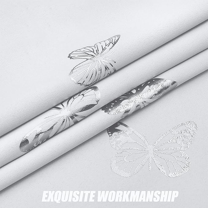 Jubilantex White Silver Butterfly Blackout Curtains 84 Inches Long for Bedroom Kids Bedroom Nursery Floral Print Window Curtains Grommet Top,2 Panels