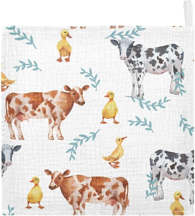 vvfelixl Farm Animals Cows Duckling Baby Burp Cloths Baby Muslin Washcloths for Boys Girls Cotton Baby Face Towel for Newborn Infants Soft and Absorbent 11.8 X 11.8 in, 5 Pack