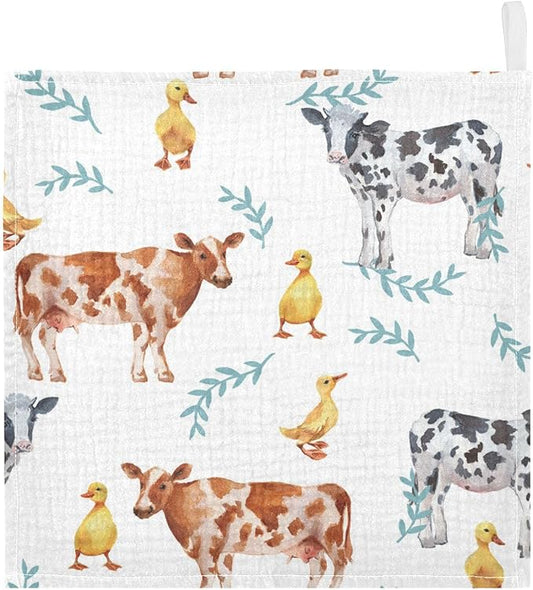 vvfelixl Farm Animals Cows Duckling Baby Burp Cloths Baby Muslin Washcloths for Boys Girls Cotton Baby Face Towel for Newborn Infants Soft and Absorbent 11.8 X 11.8 in, 5 Pack
