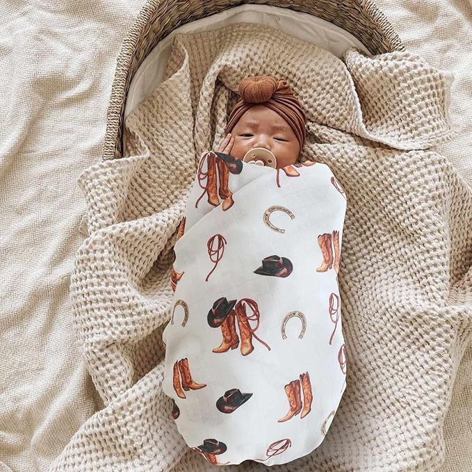 LifeTree Muslin Swaddle Blankets, Western Baby Swaddles for Boys Girls Newborn, Soft Large 47" x 47", Cowboy Boot Print Baby Blanket, 70% Viscose from Bamboo and 30% Cotton